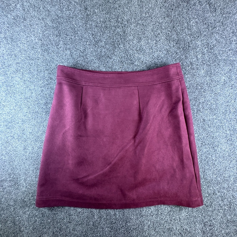 LOFT Mini Skirt Women 34x18.5 Burgundy Faux Suede Casual Minimalist Snap Pockets